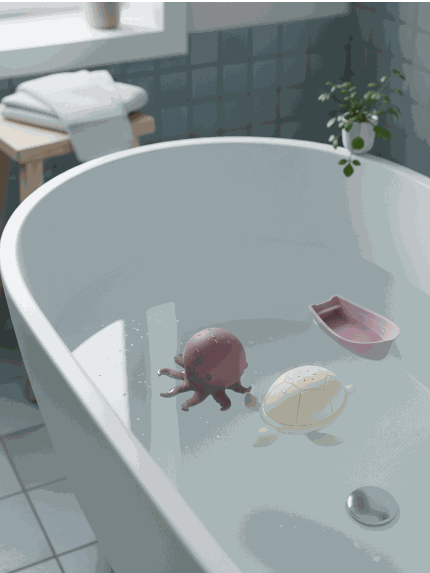 le coffret Petit plouf composé d'une tortue, d'une pieuvre et d'un bateau dans un bain